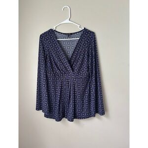 Y2K Daisy Fuentes Women's Purple Geometric  Long Sleeve Faux Wrap Top Boho Indie
